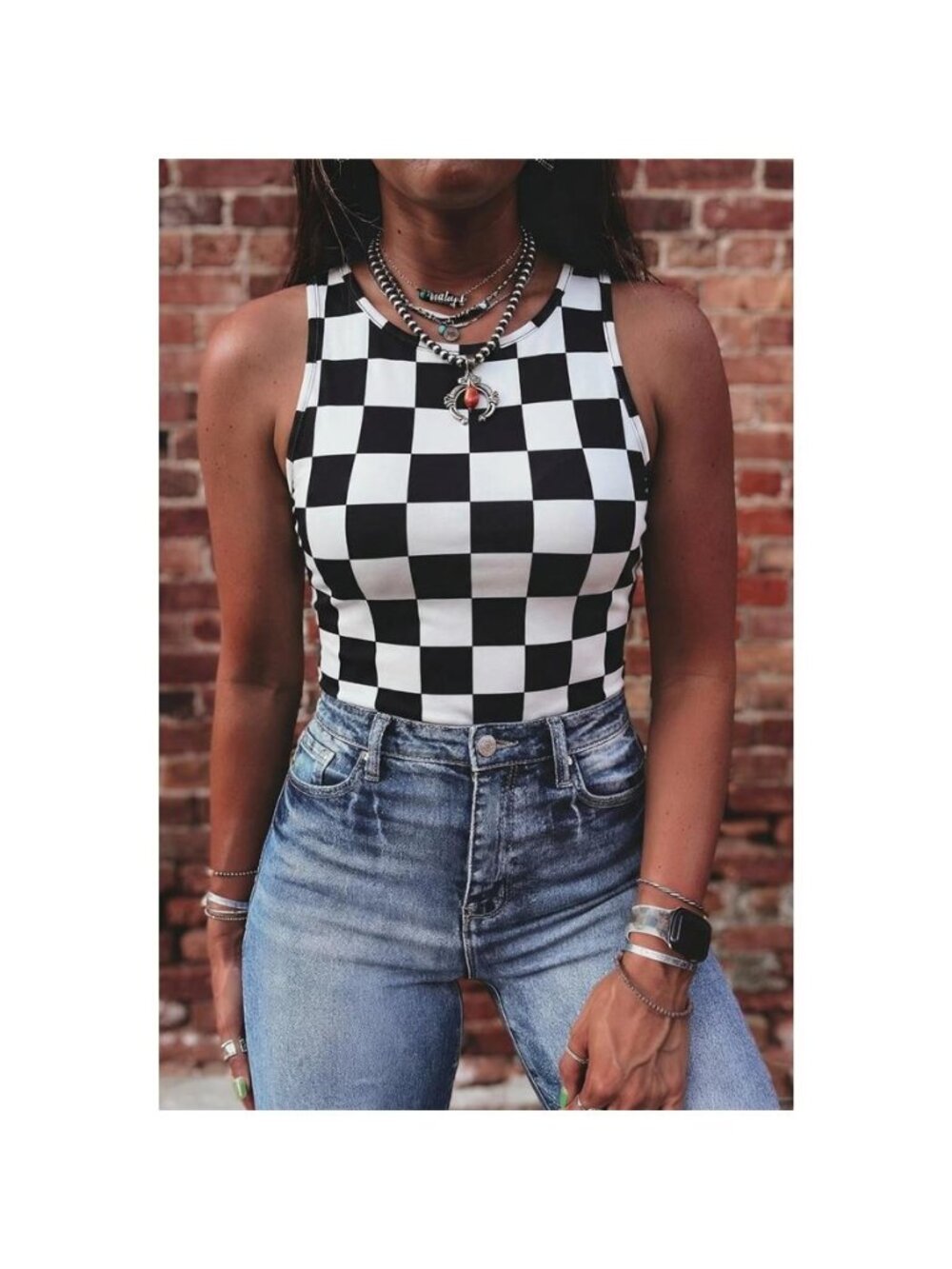 Checkerboard Printed Slim Tank Top